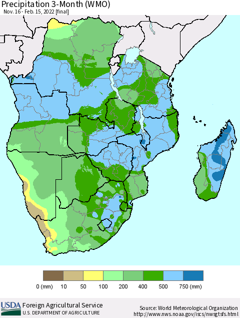 Southern Africa Precipitation 3-Month (WMO) Thematic Map For 11/16/2021 - 2/15/2022