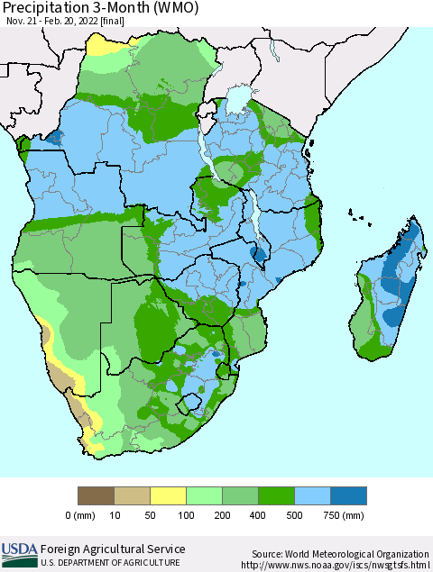 Southern Africa Precipitation 3-Month (WMO) Thematic Map For 11/21/2021 - 2/20/2022