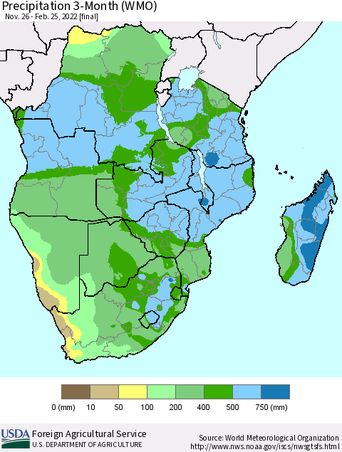 Southern Africa Precipitation 3-Month (WMO) Thematic Map For 11/26/2021 - 2/25/2022