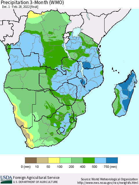Southern Africa Precipitation 3-Month (WMO) Thematic Map For 12/1/2021 - 2/28/2022