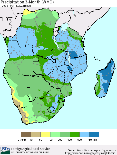 Southern Africa Precipitation 3-Month (WMO) Thematic Map For 12/6/2021 - 3/5/2022