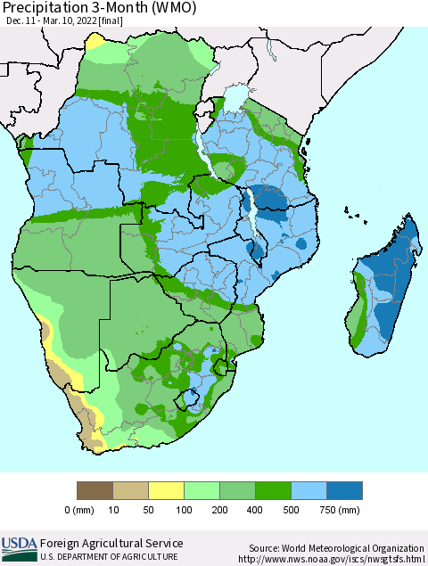 Southern Africa Precipitation 3-Month (WMO) Thematic Map For 12/11/2021 - 3/10/2022