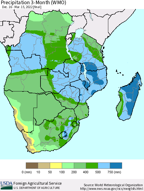 Southern Africa Precipitation 3-Month (WMO) Thematic Map For 12/16/2021 - 3/15/2022