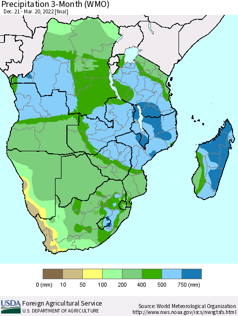 Southern Africa Precipitation 3-Month (WMO) Thematic Map For 12/21/2021 - 3/20/2022