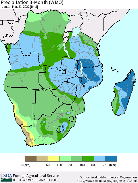 Southern Africa Precipitation 3-Month (WMO) Thematic Map For 1/1/2022 - 3/31/2022