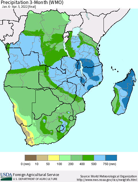 Southern Africa Precipitation 3-Month (WMO) Thematic Map For 1/6/2022 - 4/5/2022