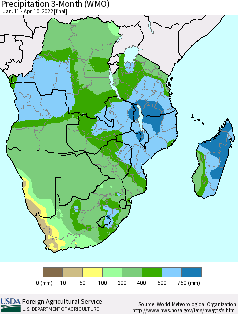 Southern Africa Precipitation 3-Month (WMO) Thematic Map For 1/11/2022 - 4/10/2022
