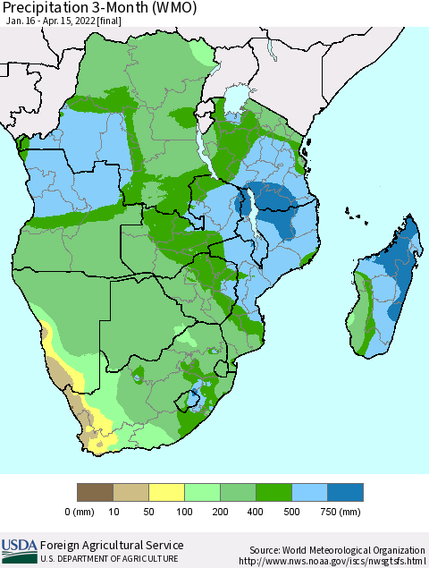 Southern Africa Precipitation 3-Month (WMO) Thematic Map For 1/16/2022 - 4/15/2022