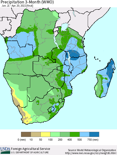Southern Africa Precipitation 3-Month (WMO) Thematic Map For 1/21/2022 - 4/20/2022