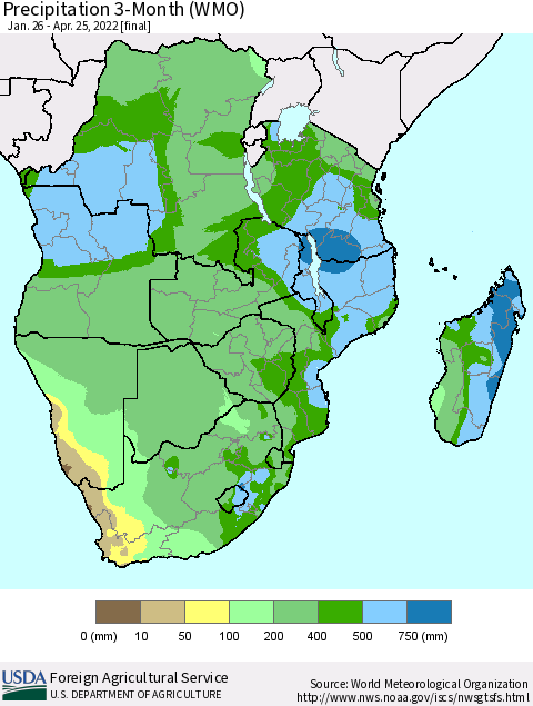 Southern Africa Precipitation 3-Month (WMO) Thematic Map For 1/26/2022 - 4/25/2022
