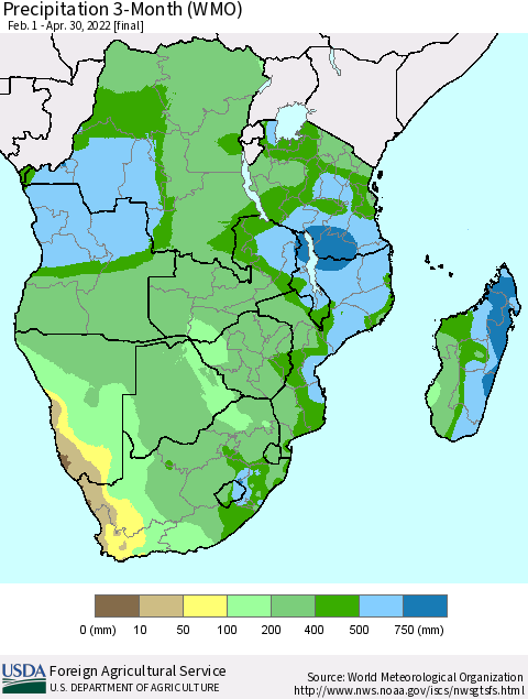 Southern Africa Precipitation 3-Month (WMO) Thematic Map For 2/1/2022 - 4/30/2022