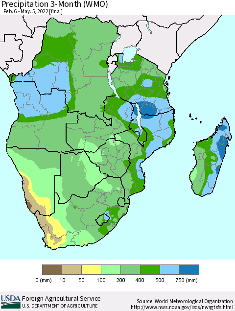 Southern Africa Precipitation 3-Month (WMO) Thematic Map For 2/6/2022 - 5/5/2022