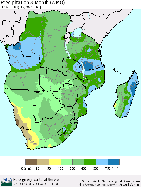 Southern Africa Precipitation 3-Month (WMO) Thematic Map For 2/11/2022 - 5/10/2022