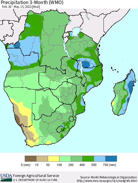 Southern Africa Precipitation 3-Month (WMO) Thematic Map For 2/16/2022 - 5/15/2022