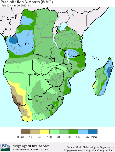 Southern Africa Precipitation 3-Month (WMO) Thematic Map For 2/21/2022 - 5/20/2022