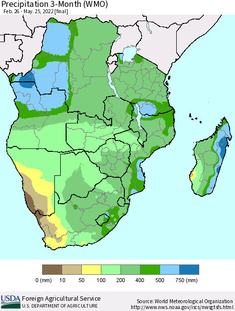 Southern Africa Precipitation 3-Month (WMO) Thematic Map For 2/26/2022 - 5/25/2022