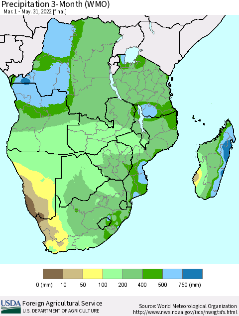 Southern Africa Precipitation 3-Month (WMO) Thematic Map For 3/1/2022 - 5/31/2022
