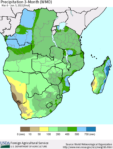 Southern Africa Precipitation 3-Month (WMO) Thematic Map For 3/6/2022 - 6/5/2022