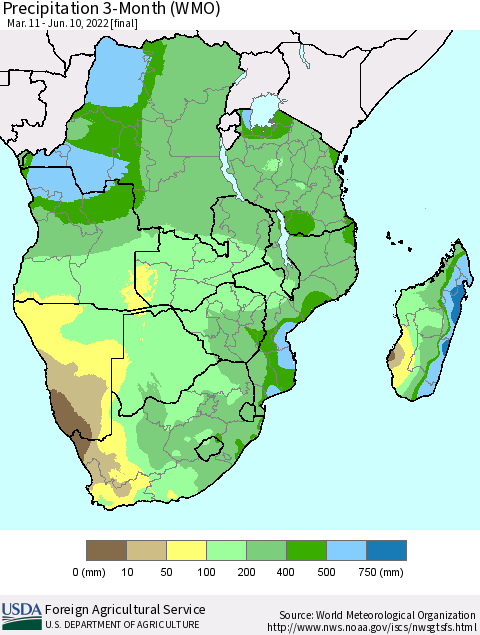 Southern Africa Precipitation 3-Month (WMO) Thematic Map For 3/11/2022 - 6/10/2022