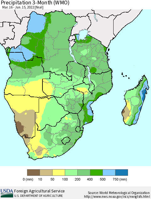 Southern Africa Precipitation 3-Month (WMO) Thematic Map For 3/16/2022 - 6/15/2022