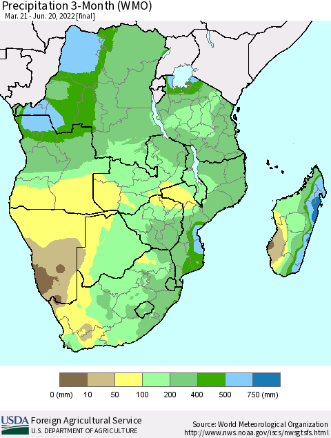 Southern Africa Precipitation 3-Month (WMO) Thematic Map For 3/21/2022 - 6/20/2022