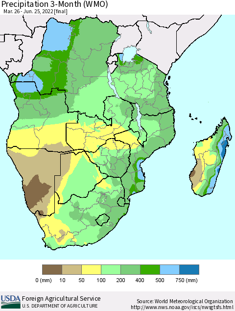 Southern Africa Precipitation 3-Month (WMO) Thematic Map For 3/26/2022 - 6/25/2022