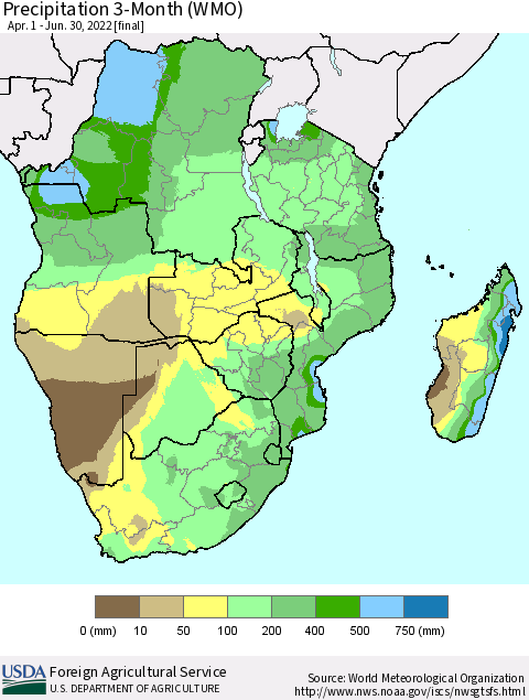 Southern Africa Precipitation 3-Month (WMO) Thematic Map For 4/1/2022 - 6/30/2022