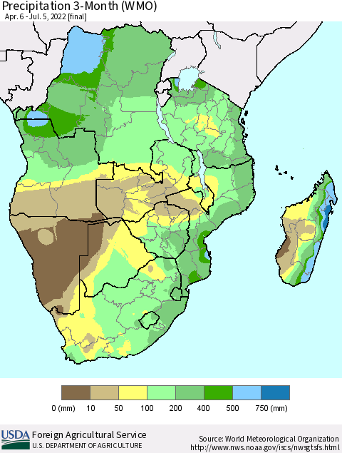 Southern Africa Precipitation 3-Month (WMO) Thematic Map For 4/6/2022 - 7/5/2022