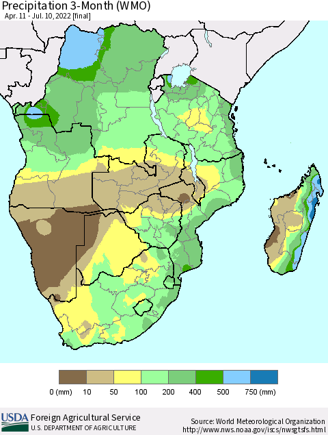 Southern Africa Precipitation 3-Month (WMO) Thematic Map For 4/11/2022 - 7/10/2022
