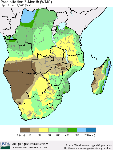 Southern Africa Precipitation 3-Month (WMO) Thematic Map For 4/16/2022 - 7/15/2022