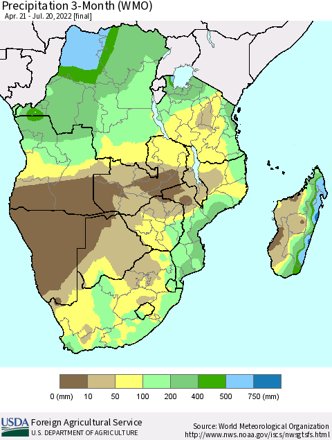 Southern Africa Precipitation 3-Month (WMO) Thematic Map For 4/21/2022 - 7/20/2022