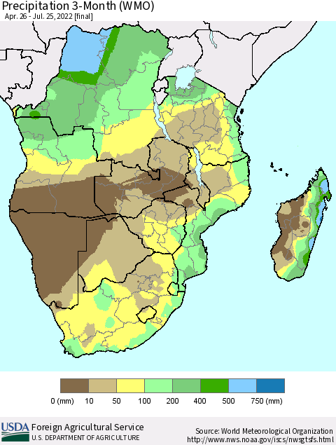 Southern Africa Precipitation 3-Month (WMO) Thematic Map For 4/26/2022 - 7/25/2022