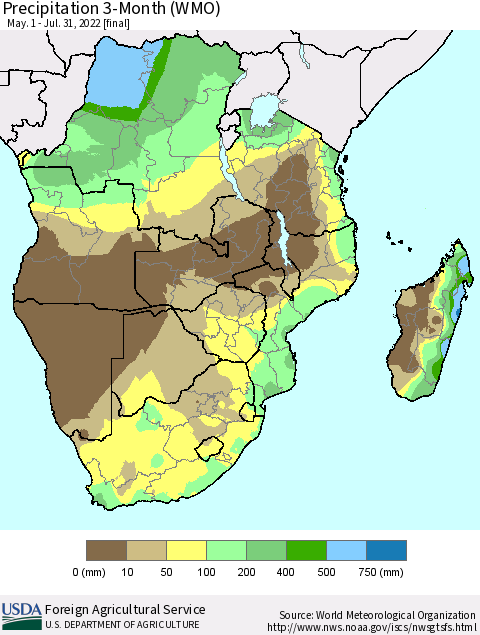 Southern Africa Precipitation 3-Month (WMO) Thematic Map For 5/1/2022 - 7/31/2022