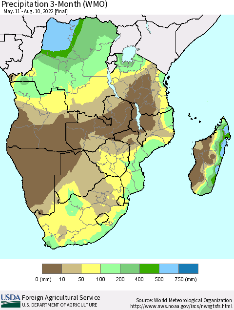 Southern Africa Precipitation 3-Month (WMO) Thematic Map For 5/11/2022 - 8/10/2022