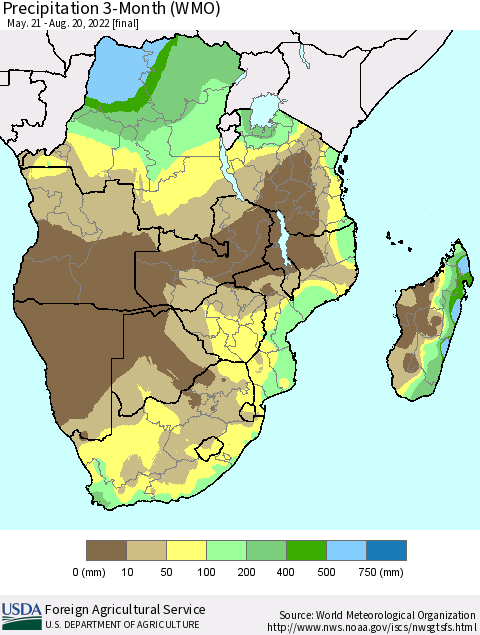 Southern Africa Precipitation 3-Month (WMO) Thematic Map For 5/21/2022 - 8/20/2022