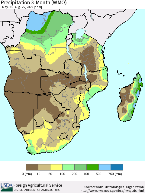 Southern Africa Precipitation 3-Month (WMO) Thematic Map For 5/26/2022 - 8/25/2022