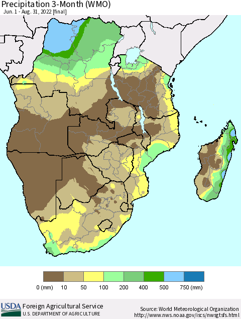 Southern Africa Precipitation 3-Month (WMO) Thematic Map For 6/1/2022 - 8/31/2022