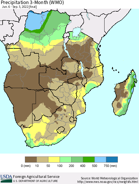 Southern Africa Precipitation 3-Month (WMO) Thematic Map For 6/6/2022 - 9/5/2022