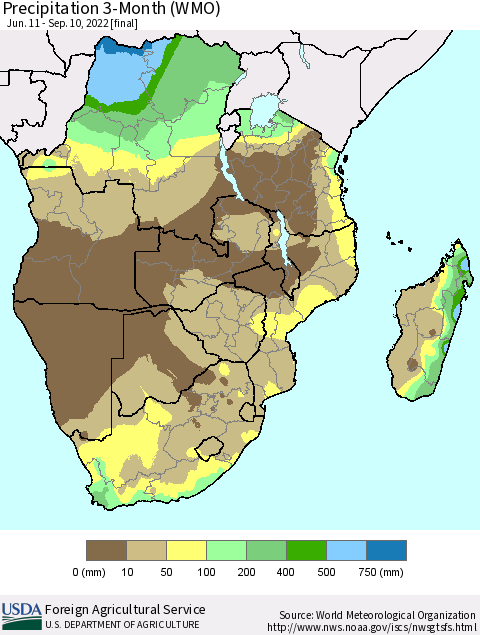 Southern Africa Precipitation 3-Month (WMO) Thematic Map For 6/11/2022 - 9/10/2022