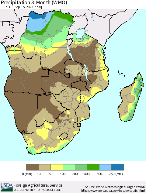 Southern Africa Precipitation 3-Month (WMO) Thematic Map For 6/16/2022 - 9/15/2022