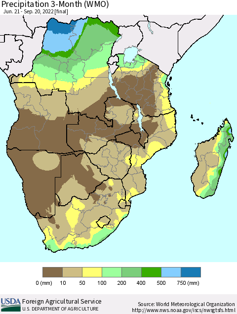 Southern Africa Precipitation 3-Month (WMO) Thematic Map For 6/21/2022 - 9/20/2022