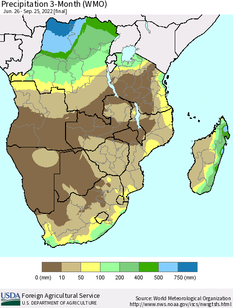Southern Africa Precipitation 3-Month (WMO) Thematic Map For 6/26/2022 - 9/25/2022
