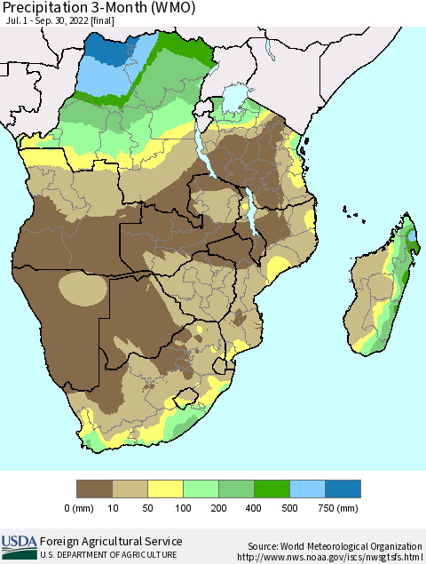Southern Africa Precipitation 3-Month (WMO) Thematic Map For 7/1/2022 - 9/30/2022