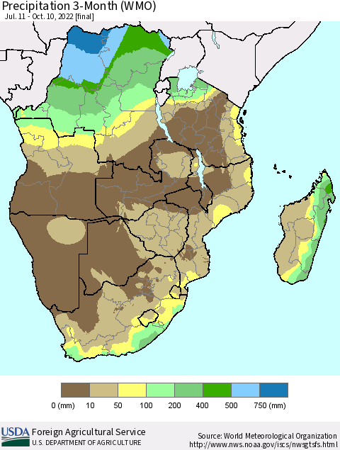 Southern Africa Precipitation 3-Month (WMO) Thematic Map For 7/11/2022 - 10/10/2022