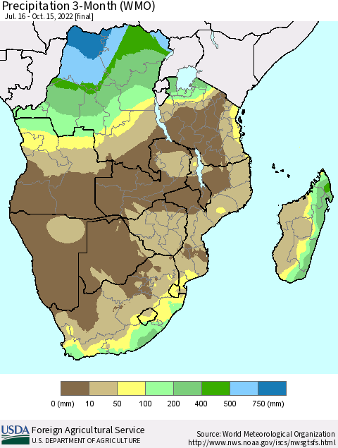 Southern Africa Precipitation 3-Month (WMO) Thematic Map For 7/16/2022 - 10/15/2022