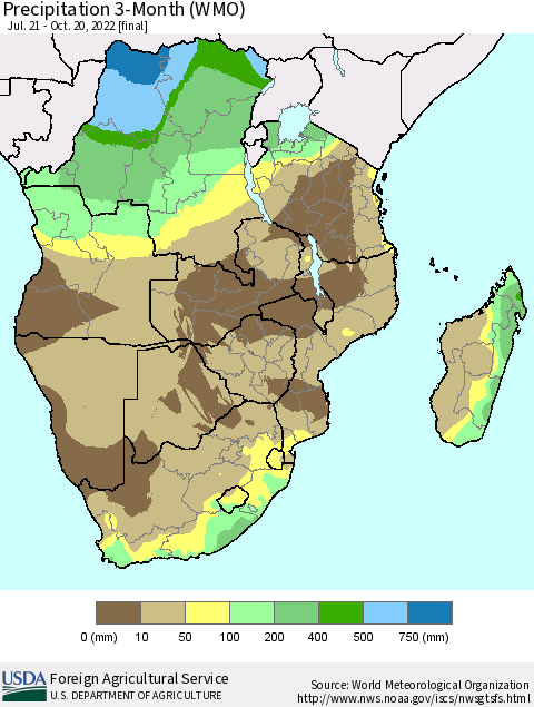 Southern Africa Precipitation 3-Month (WMO) Thematic Map For 7/21/2022 - 10/20/2022