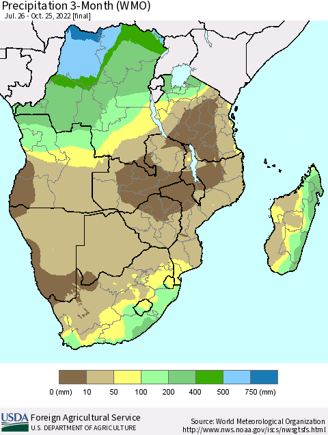 Southern Africa Precipitation 3-Month (WMO) Thematic Map For 7/26/2022 - 10/25/2022