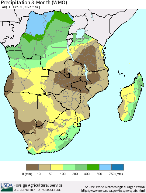 Southern Africa Precipitation 3-Month (WMO) Thematic Map For 8/1/2022 - 10/31/2022