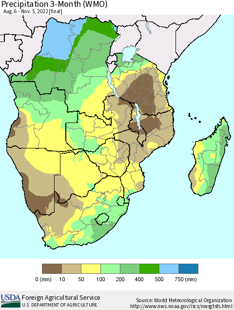 Southern Africa Precipitation 3-Month (WMO) Thematic Map For 8/6/2022 - 11/5/2022