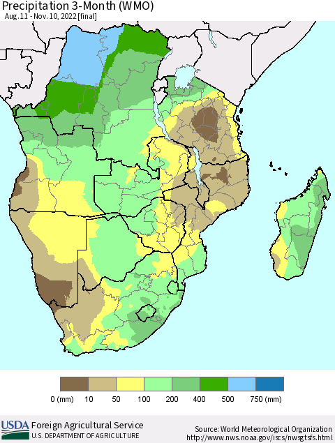 Southern Africa Precipitation 3-Month (WMO) Thematic Map For 8/11/2022 - 11/10/2022